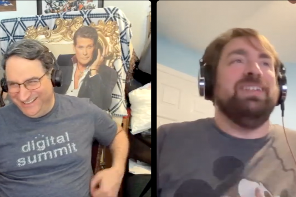 Matthew Krevat left, and Michael Cole right, both smiling mid podcast stream.